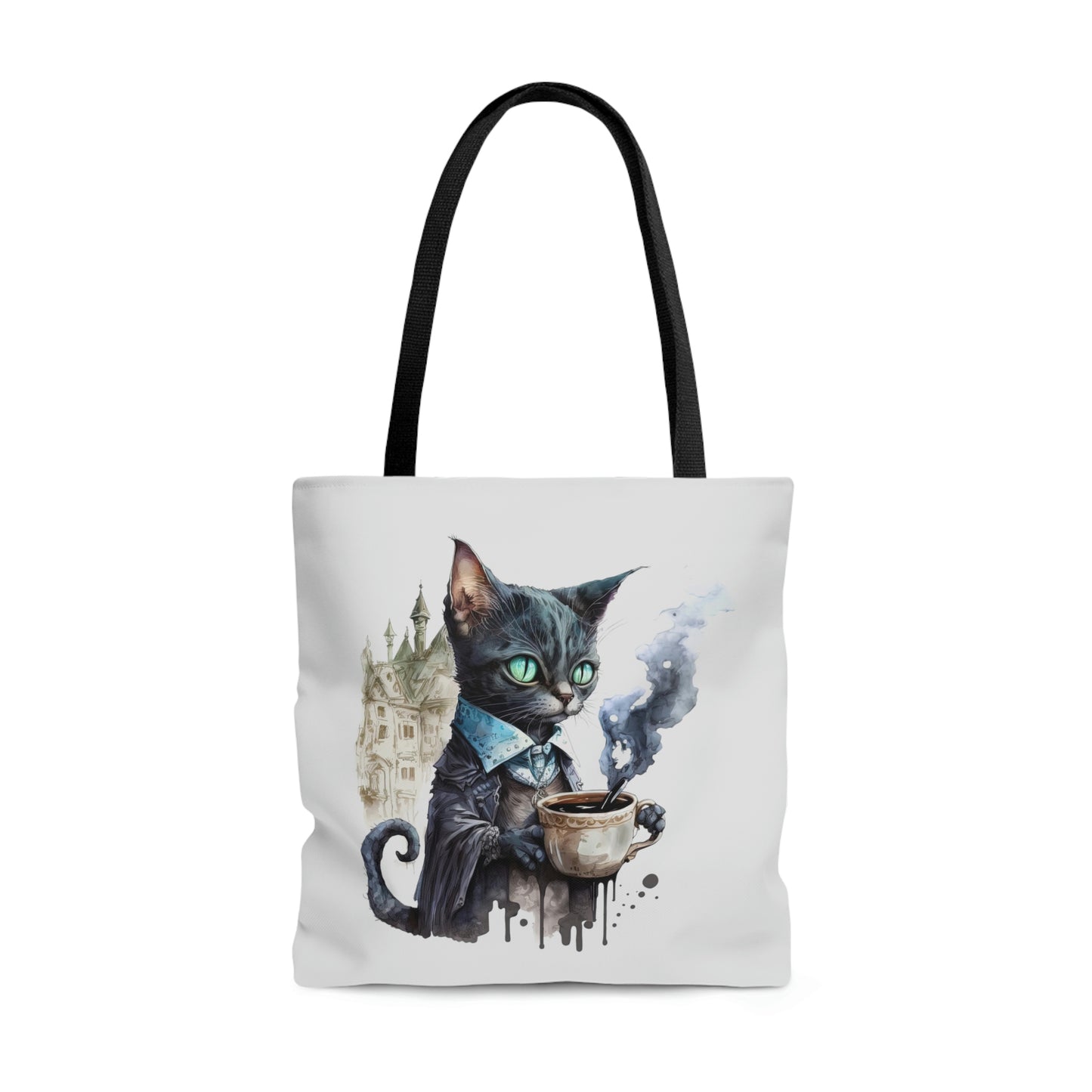 Goth Cat & Coffee Lovers Carry Bags for Book Lovers, Dual Printed, Book Reader Gift Ideas - Light Gray Large Eco Tote Bag