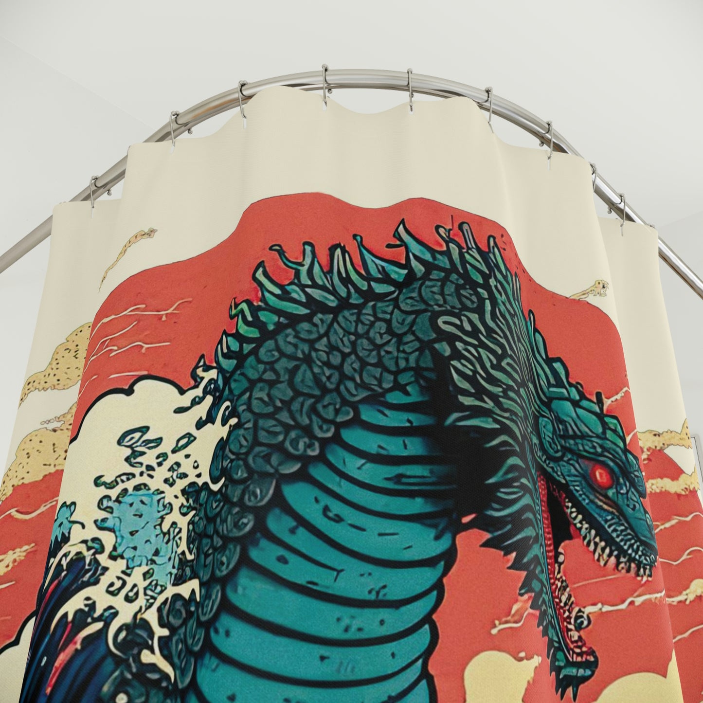 Godzilla Shower Curtain, Japanese Shower Curtain, Ukiyo-e Inspired Traditional Japanese Art, Great Wave