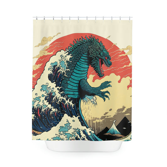Godzilla Shower Curtain, Japanese Shower Curtain, Ukiyo-e Inspired Traditional Japanese Art, Great Wave