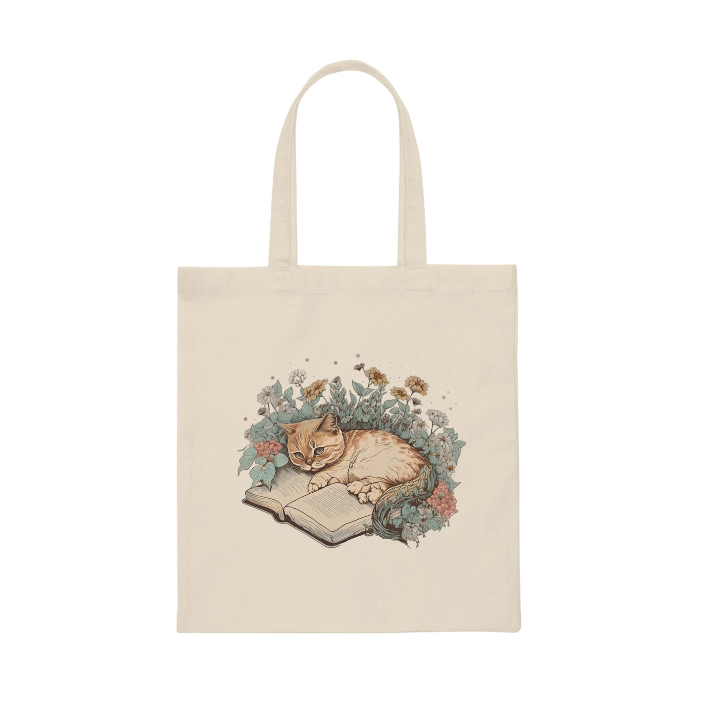 Cat Lover Tote Bag for Book Lovers, Cat on a Book, Gift For Her, Personalized Gifts, Cat Lovers, Floral Cat Design - Canvas Tote Bag