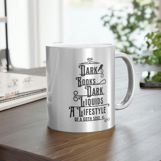 Minimalistic Goth Cat Lover Gift, Coffee & Book Lover Gift for Cat Lovers - Metallic Silver Mug 11oz
