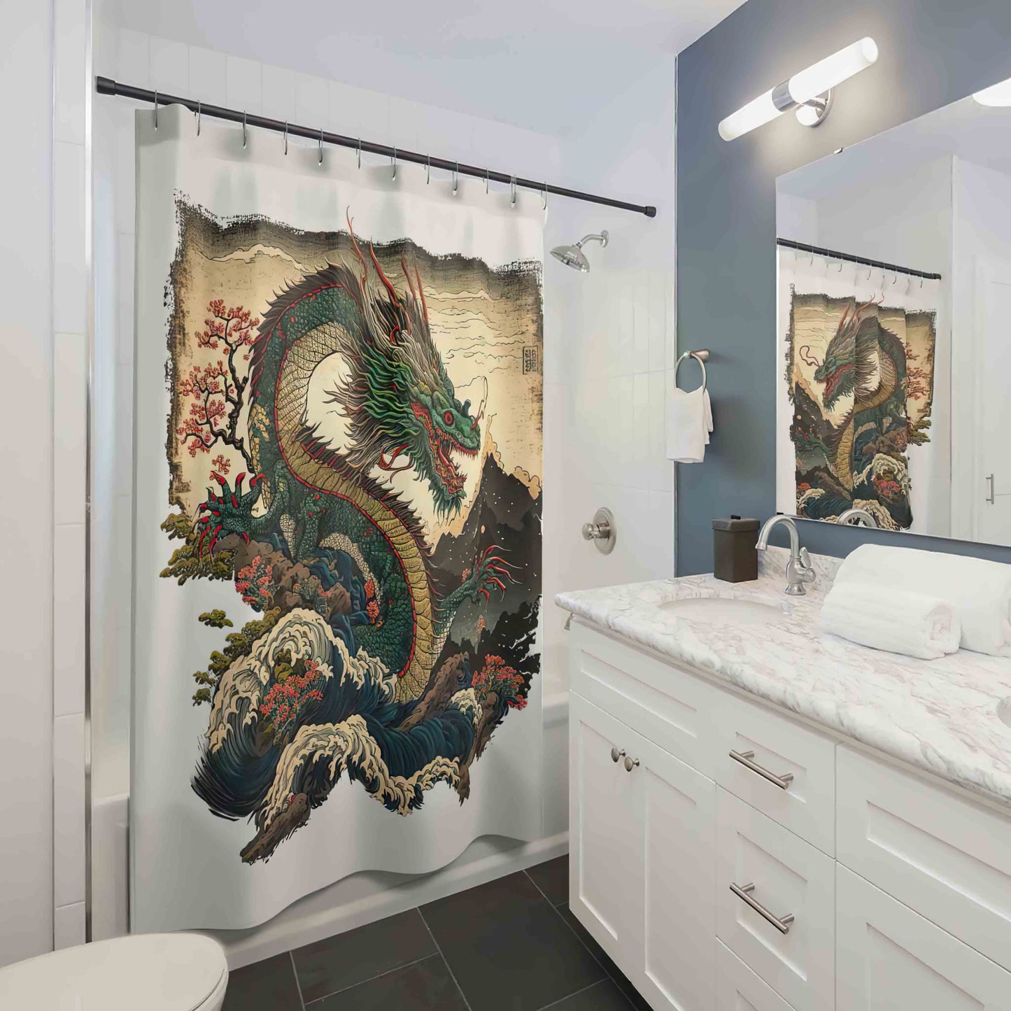 Dragon Japanese Shower Curtain, Traditional Japanese Art, Ukiyo-e Inspired Modern Bathroom Art, Waterproof - 74"