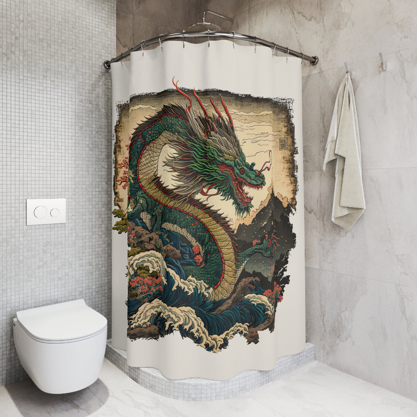 Dragon Japanese Shower Curtain, Traditional Japanese Art, Ukiyo-e Inspired Modern Bathroom Art, Waterproof - 74"