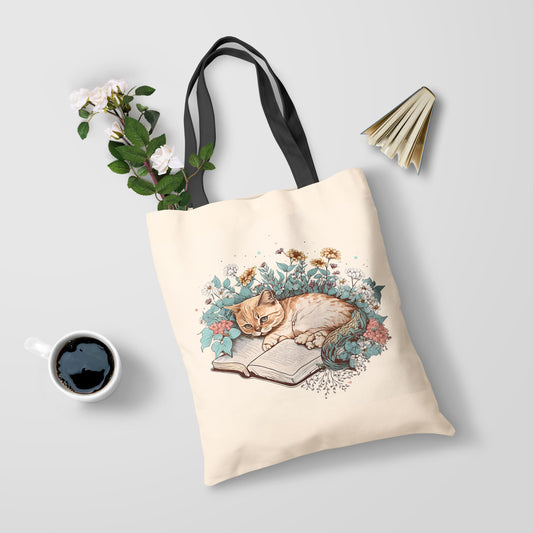 Cat Lover Tote Bag for Book Lovers, Cat laying on a Book Reader Gift Personalized Gifts, Cat Lovers, Floral Cat Design - Tote Bag