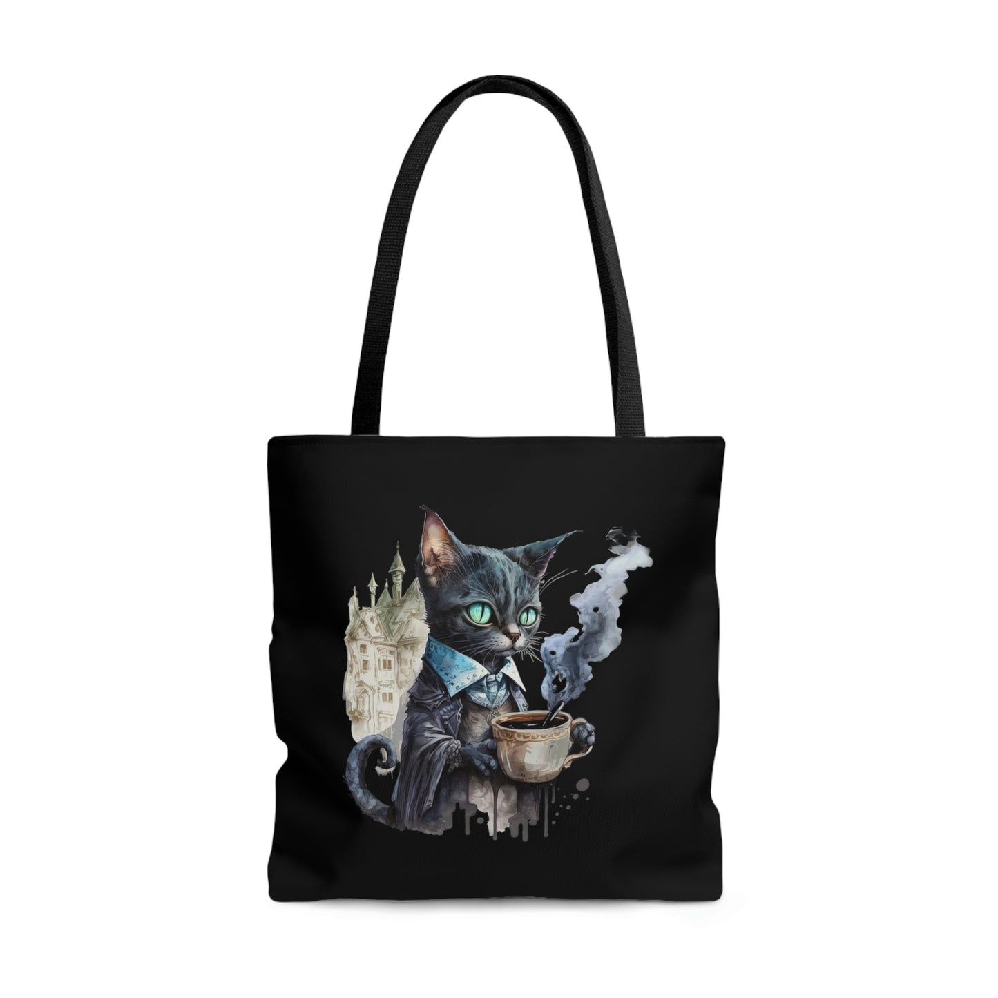 Goth Cat & Coffee Lovers Large Eco Tote Bag for Book Lovers, Dual Printed, Book Reader Gift Ideas - black Large Eco Tote Bag